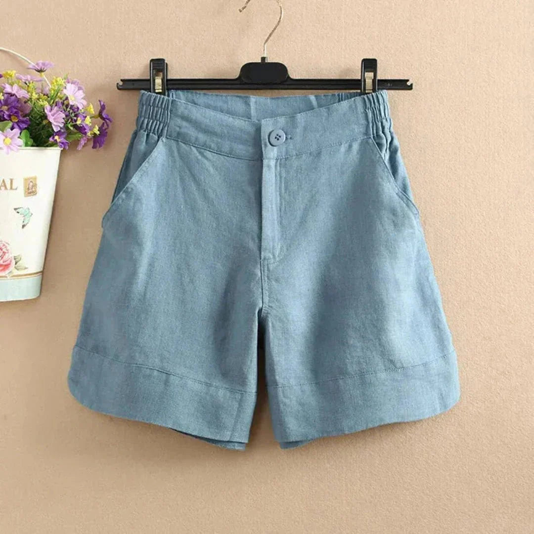 Women's Linen Loose Fit Shorts - Mid Length Button Closure