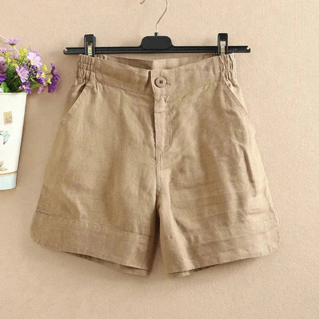 Women's Linen Loose Fit Shorts - Mid Length Button Closure