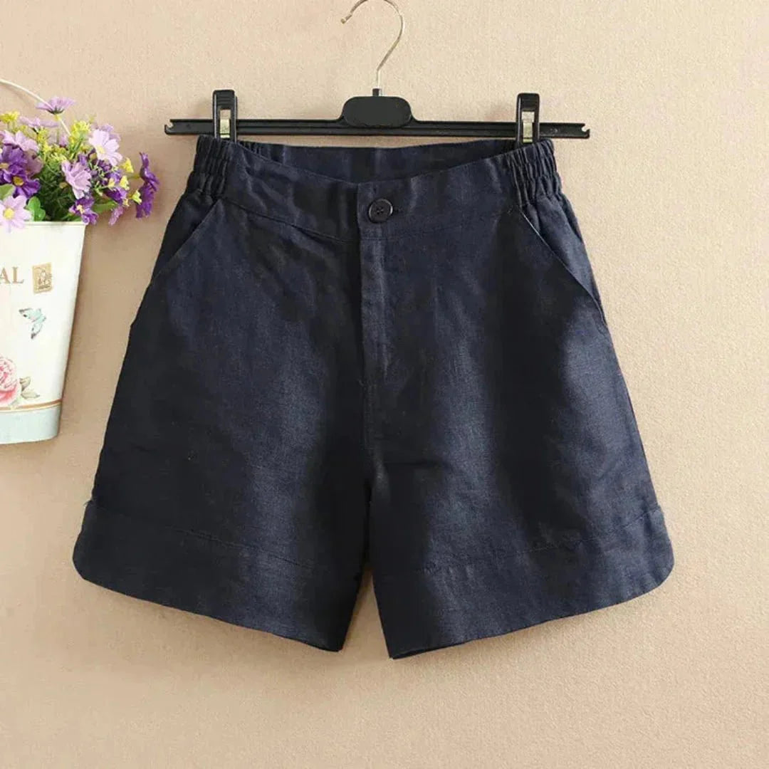 Women's Linen Loose Fit Shorts - Mid Length Button Closure