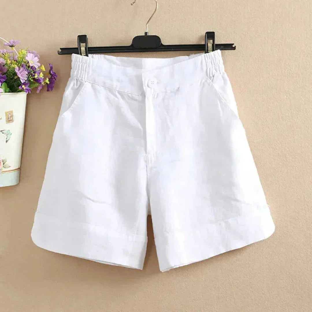 Women's Linen Loose Fit Shorts - Mid Length Button Closure