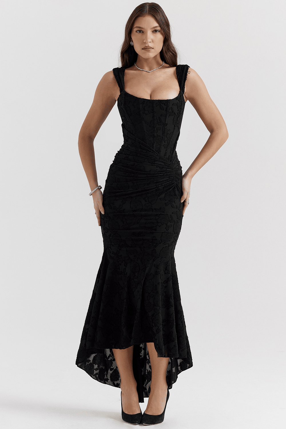 Women's Maxi Dress — Fitted Bodice Ruched Waist High-Low Hem
