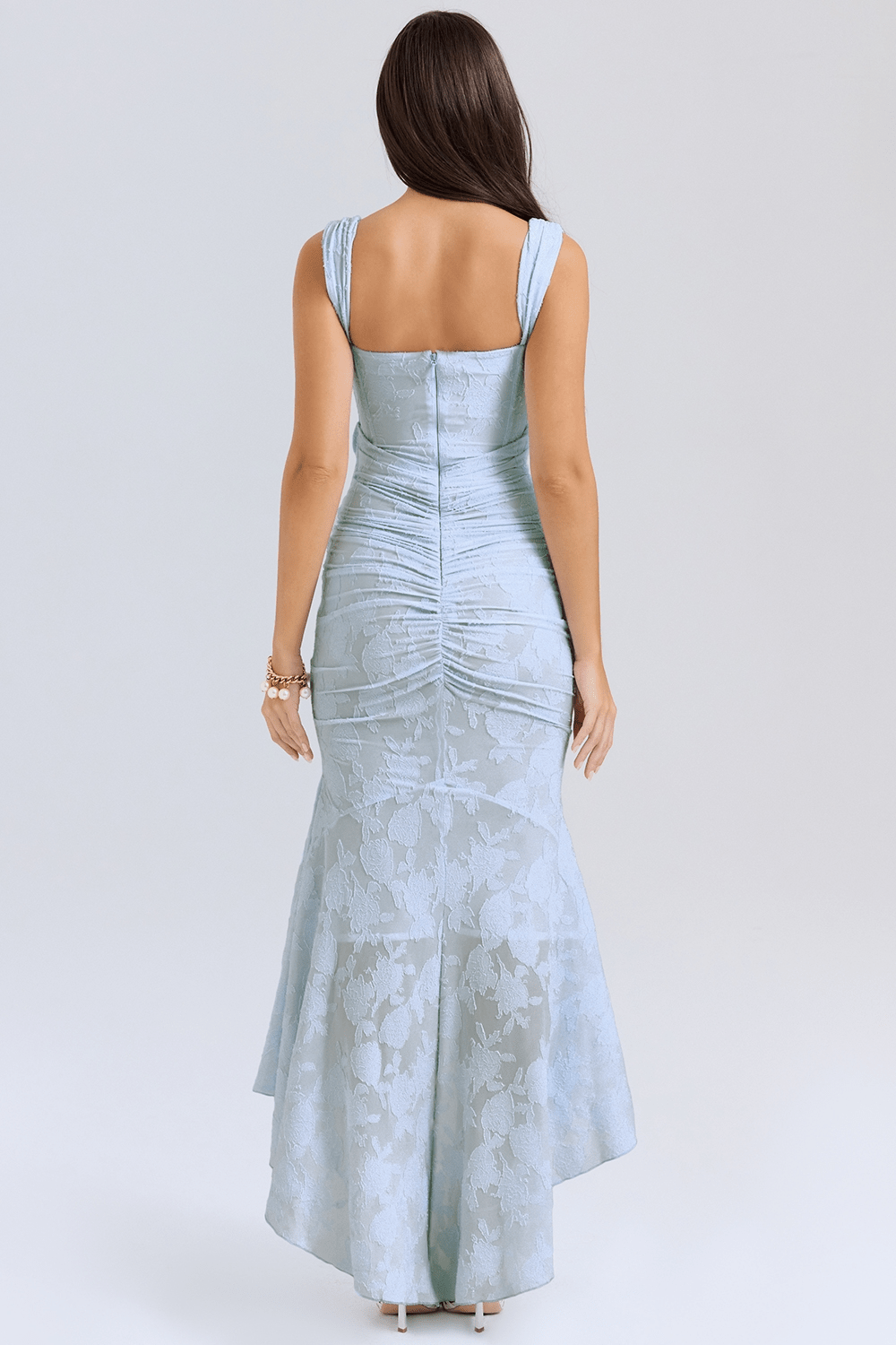 Women's Maxi Dress — Fitted Bodice Ruched Waist High-Low Hem