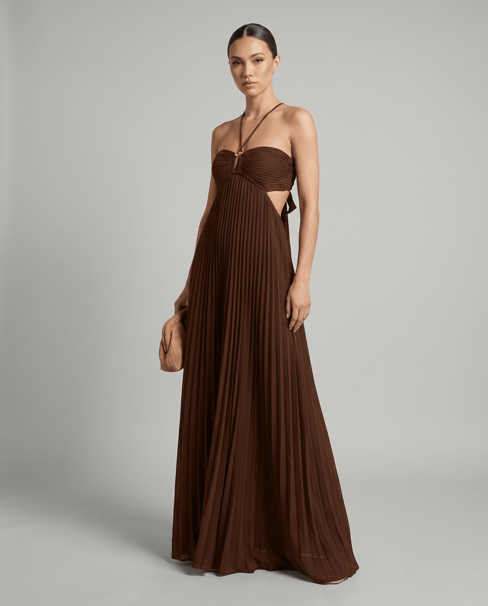 Women's Maxi Dress — Pleated Skirt Halter Neckline Open Back