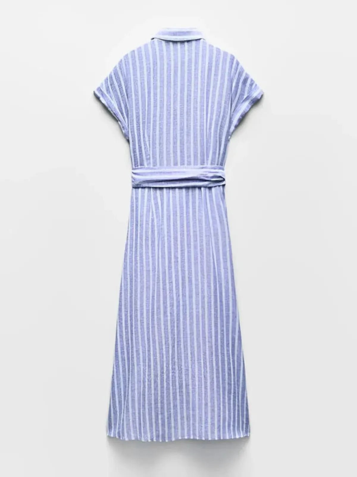 Women's Maxi Dress — Striped Short Sleeve Button-Front Tie Waist