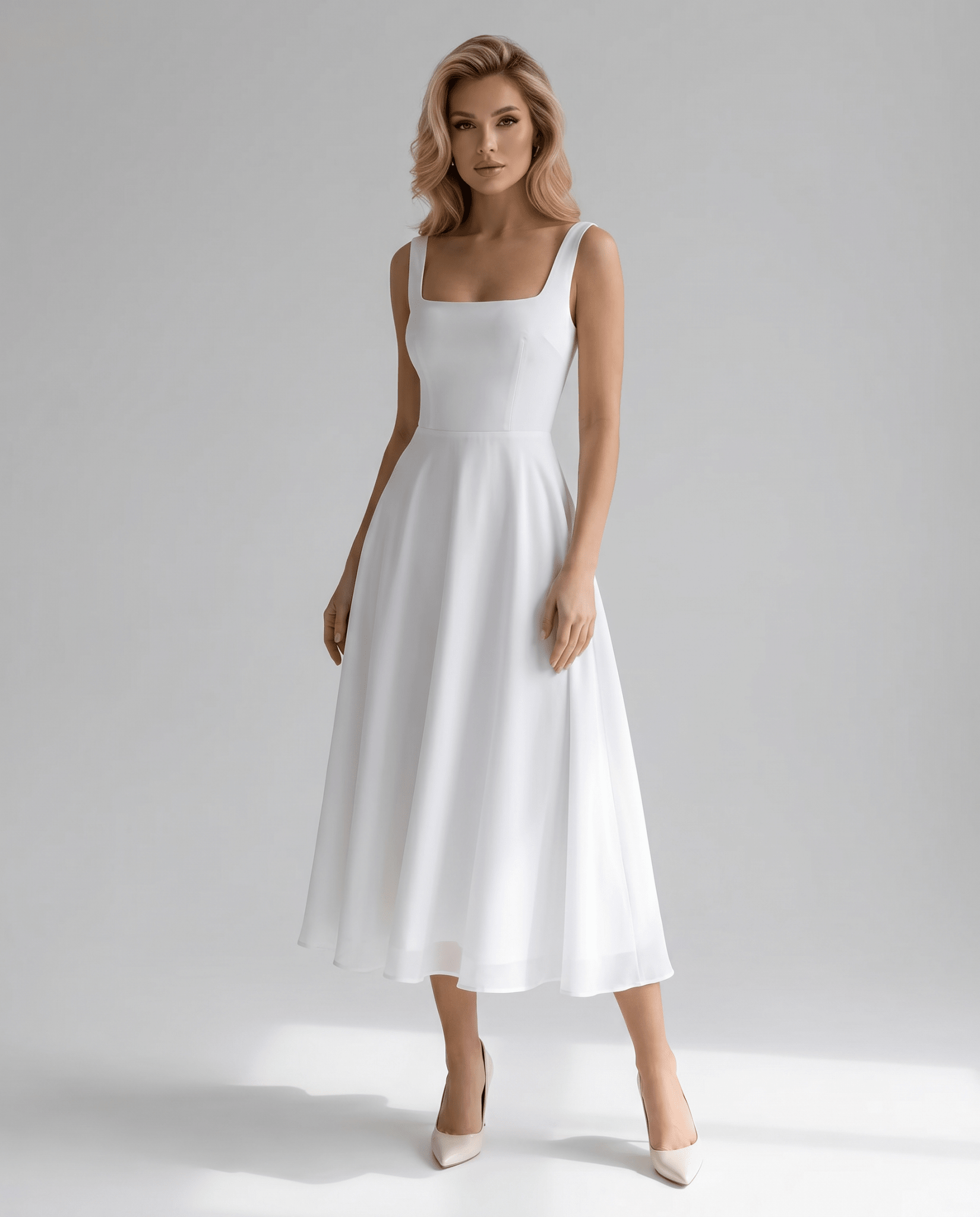 Women's Midi Dress — A-Line Structure Square Neckline Sleeveless