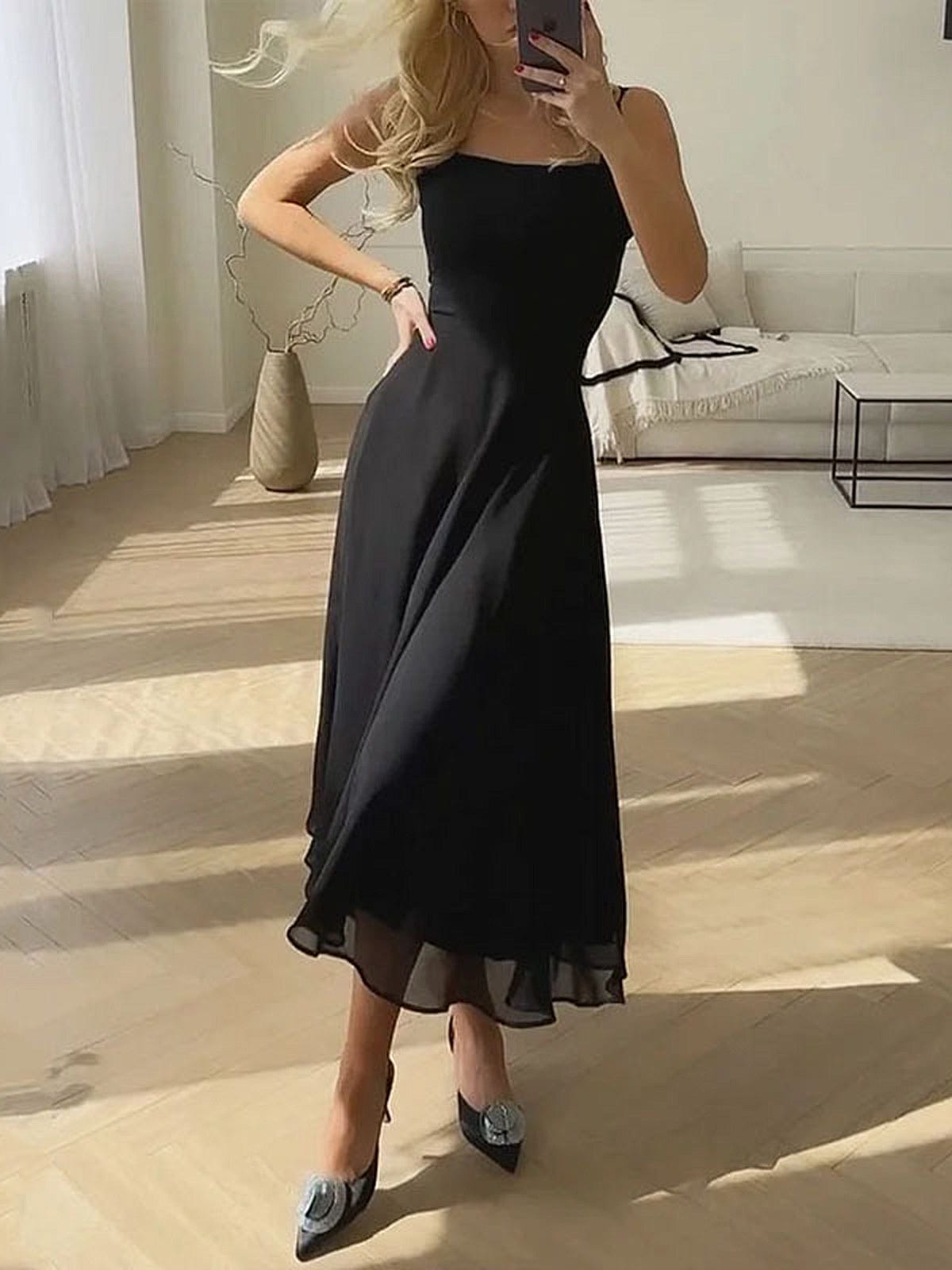 Women's Midi Dress — A-Line Structure Square Neckline Sleeveless