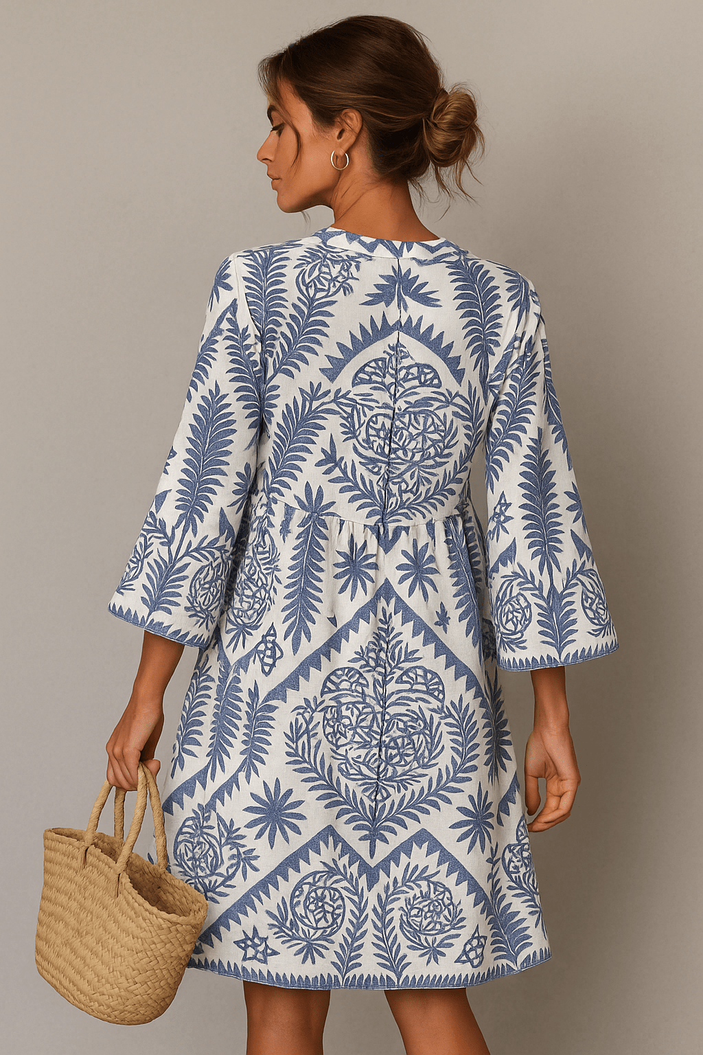 Women's Midi Dress — Boho Print V-Neck Short Sleeve Design