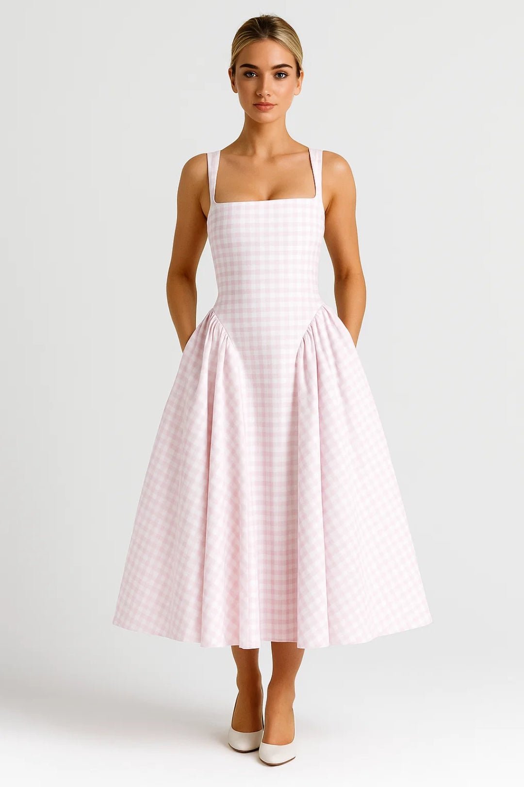 Women's Midi Dress — Checked Print Spaghetti Straps Flared Skirt