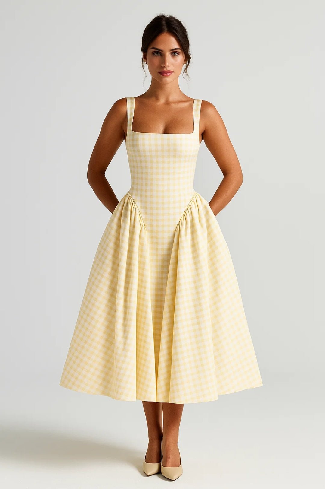 Women's Midi Dress — Checked Print Spaghetti Straps Flared Skirt