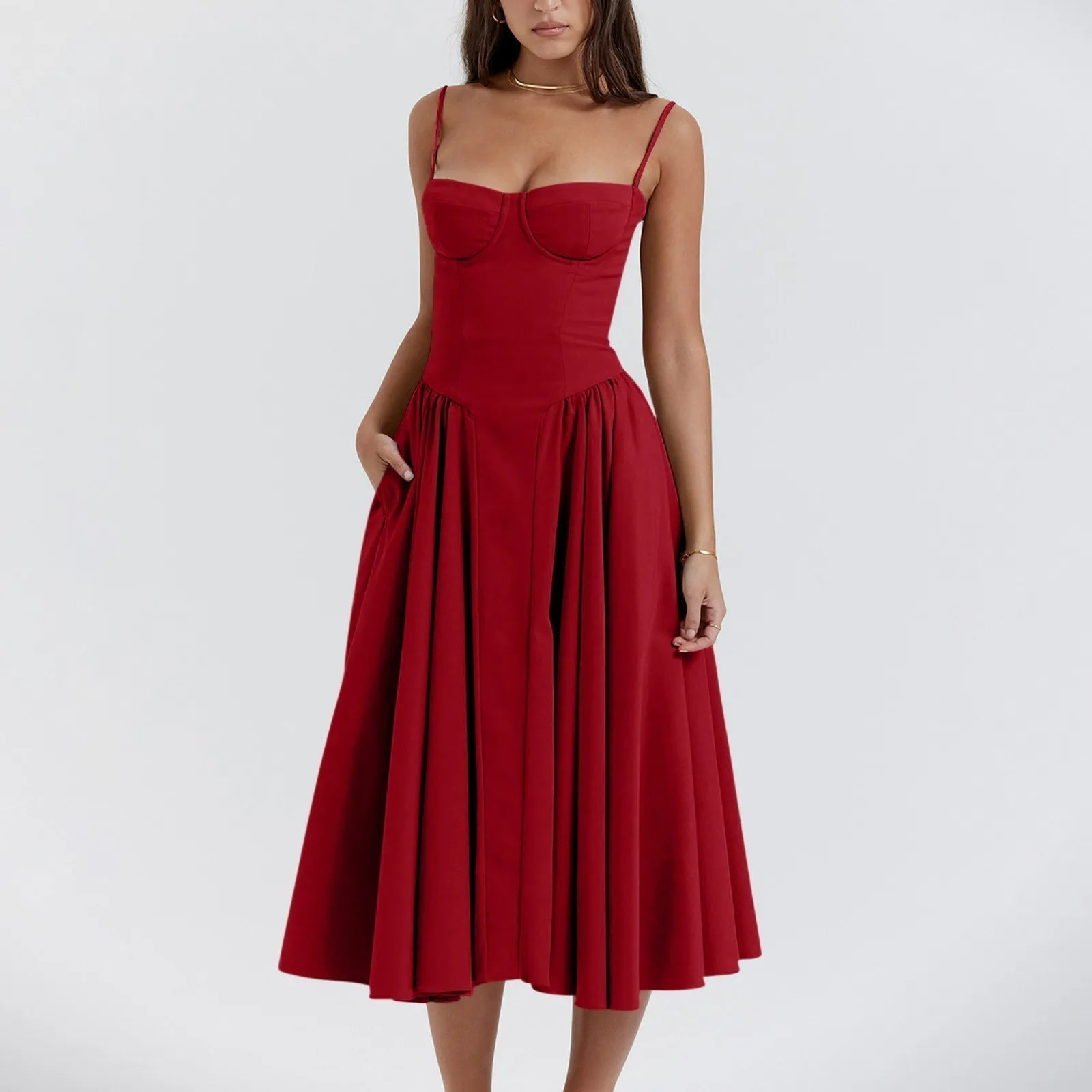 Women's Midi Dress — Corset Bodice Pleated Gathered Skirt