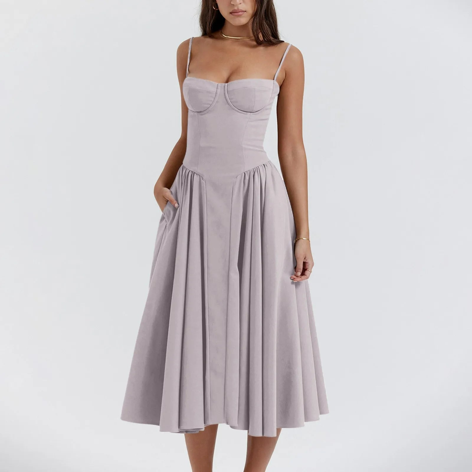 Women's Midi Dress — Corset Bodice Pleated Gathered Skirt