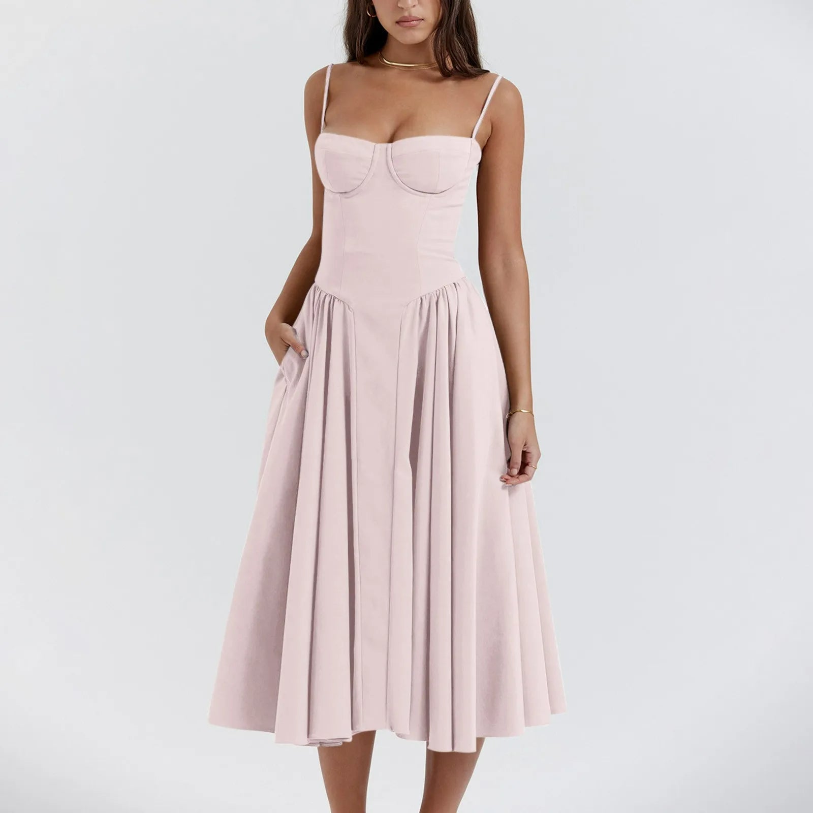 Women's Midi Dress — Corset Bodice Pleated Gathered Skirt