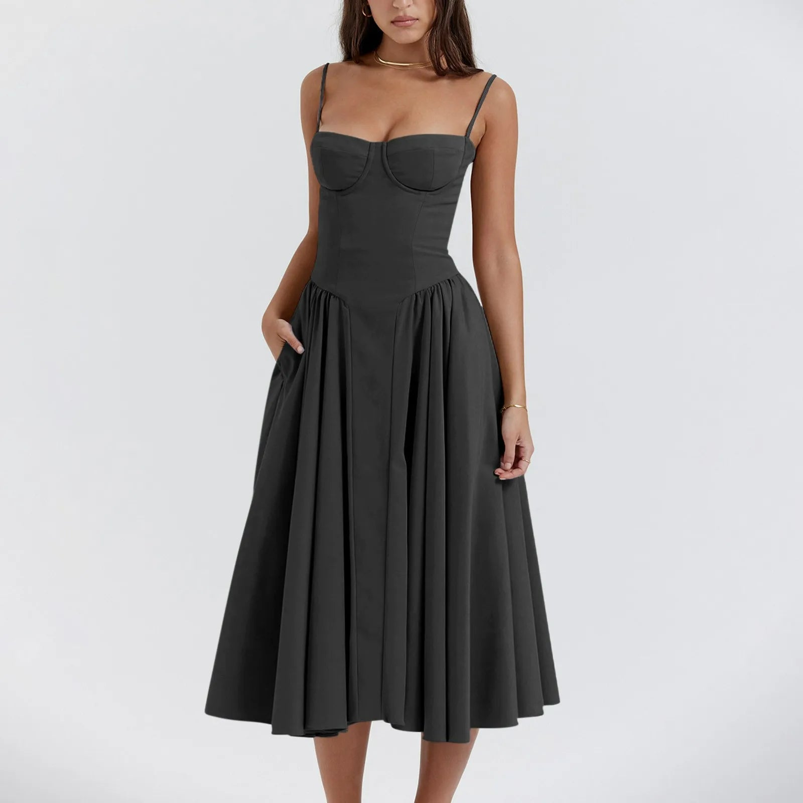 Women's Midi Dress — Corset Bodice Pleated Gathered Skirt