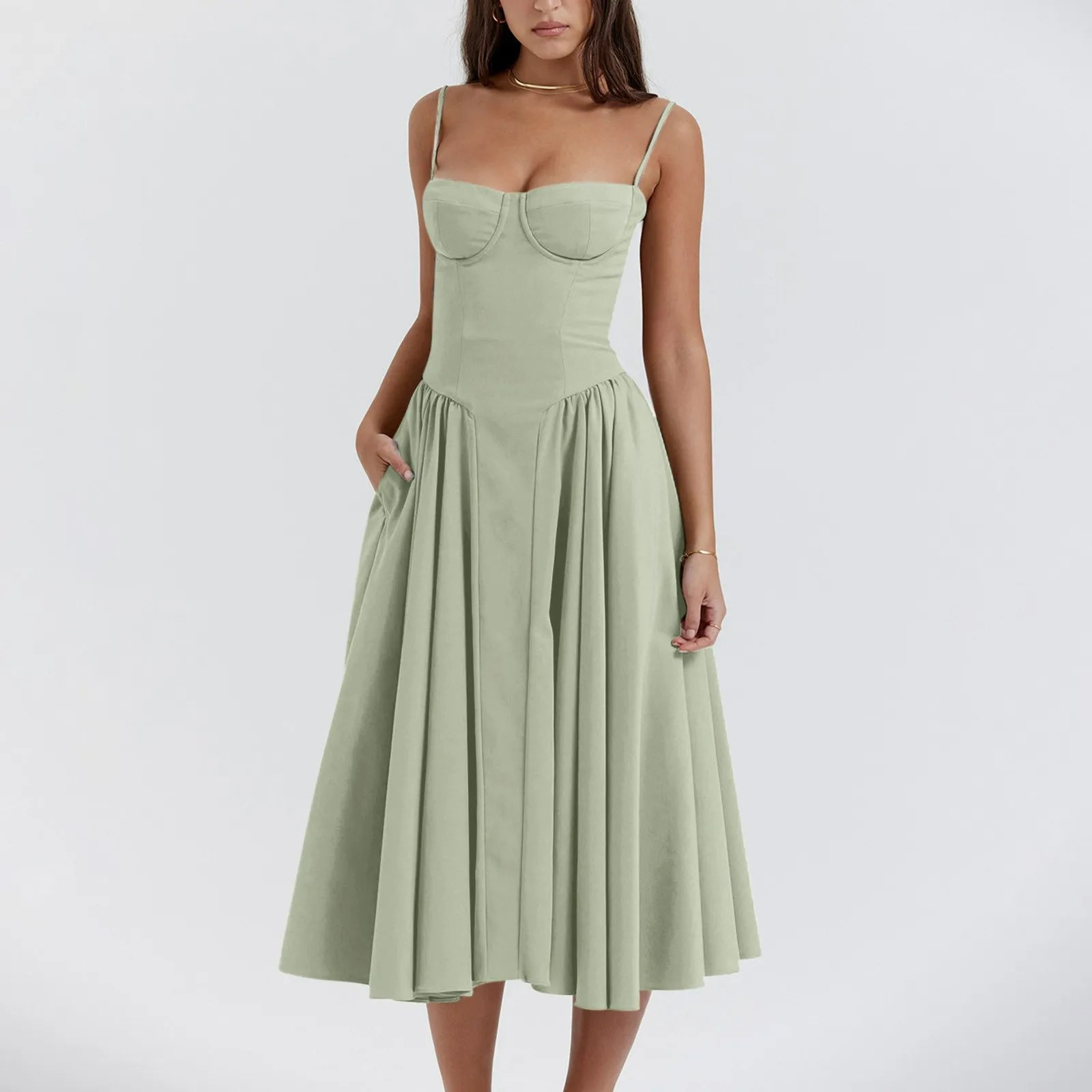 Women's Midi Dress — Corset Bodice Pleated Gathered Skirt