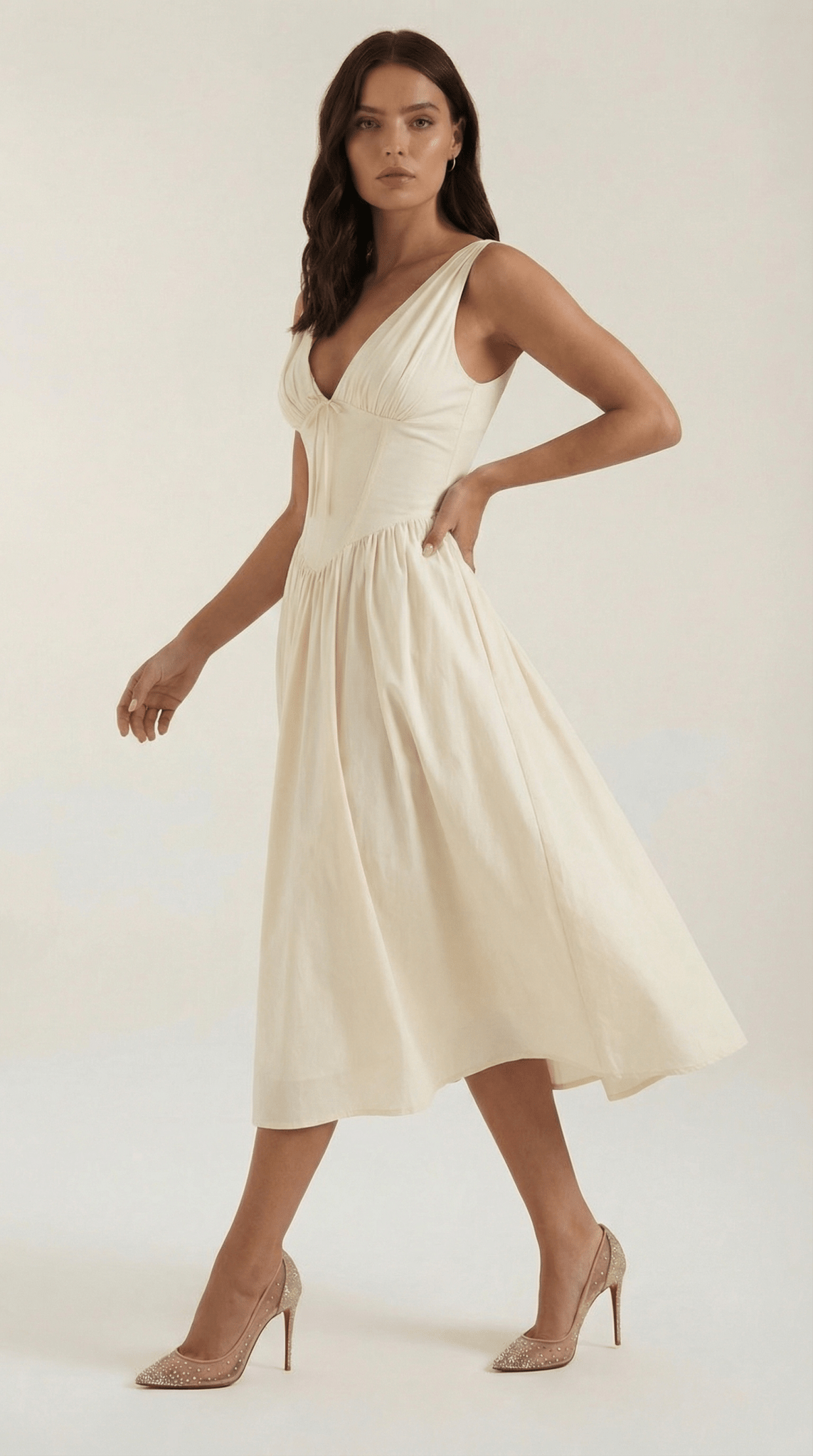 Women's Midi Dress - Fitted Bodice & V-Neckline