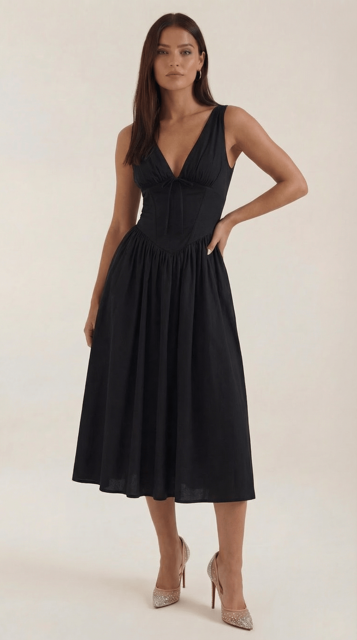 Women's Midi Dress - Fitted Bodice & V-Neckline