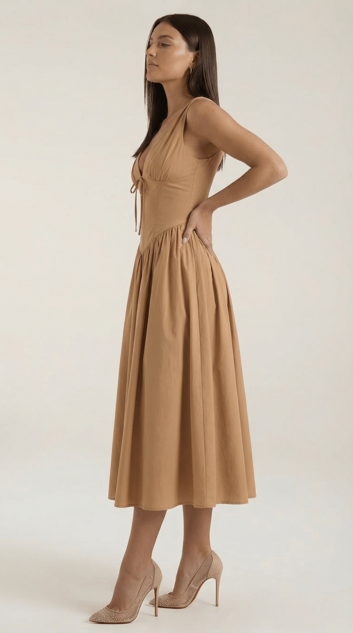 Women's Midi Dress - Fitted Bodice & V-Neckline