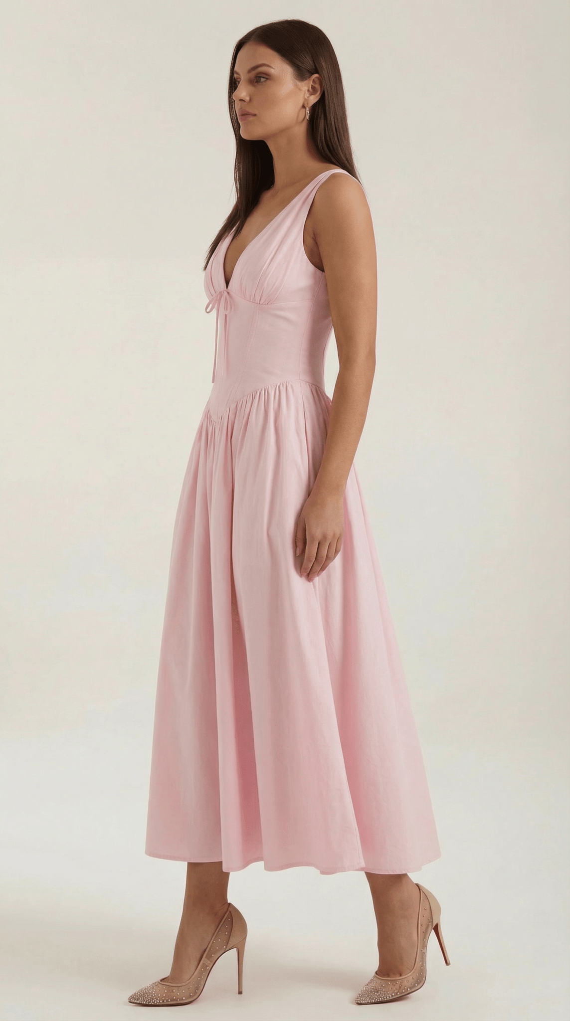 Women's Midi Dress - Fitted Bodice & V-Neckline