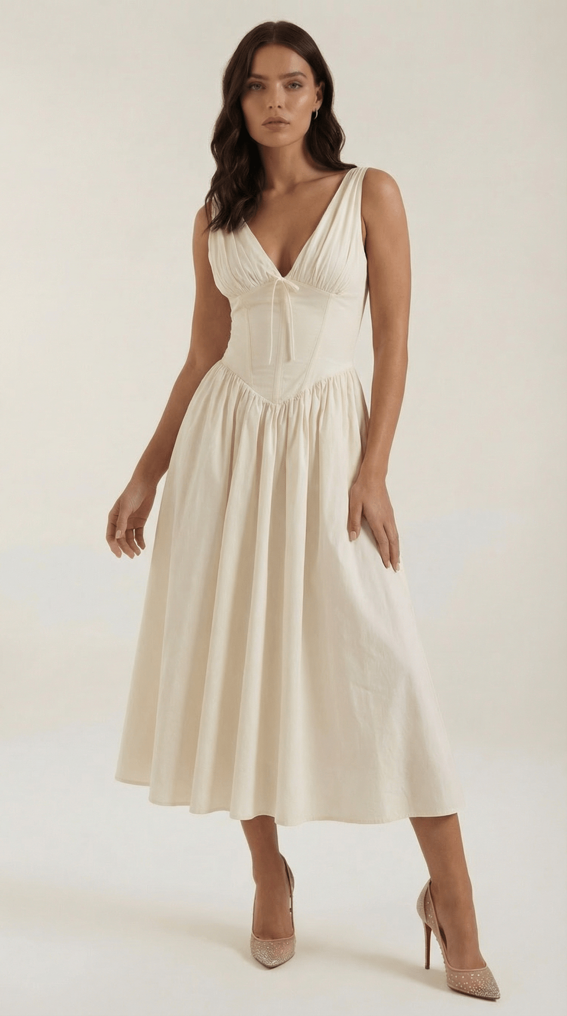 Women's Midi Dress - Fitted Bodice & V-Neckline