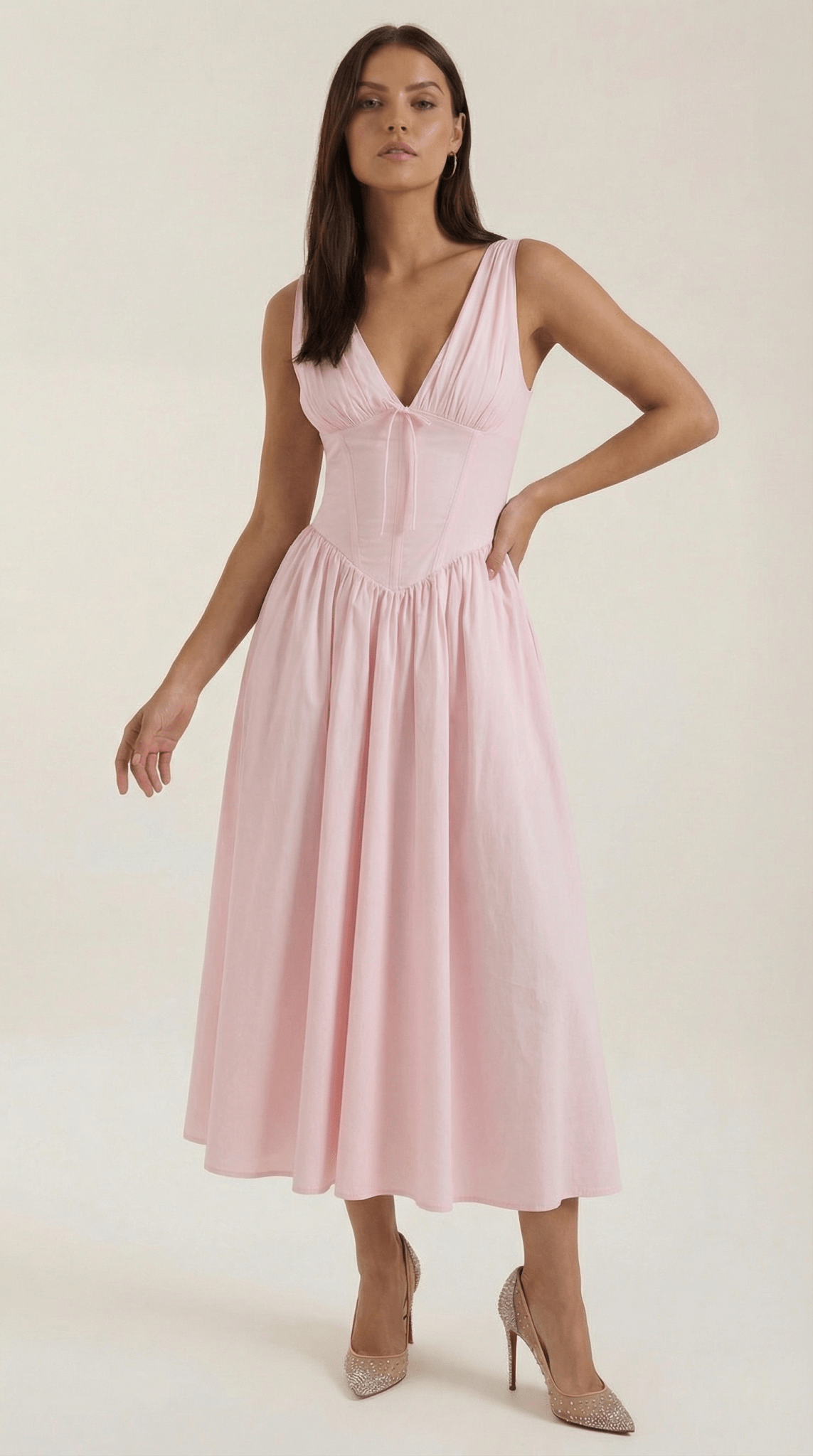 Women's Midi Dress - Fitted Bodice & V-Neckline