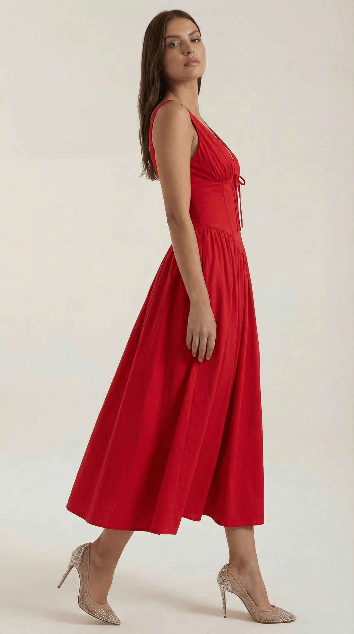 Women's Midi Dress - Fitted Bodice & V-Neckline