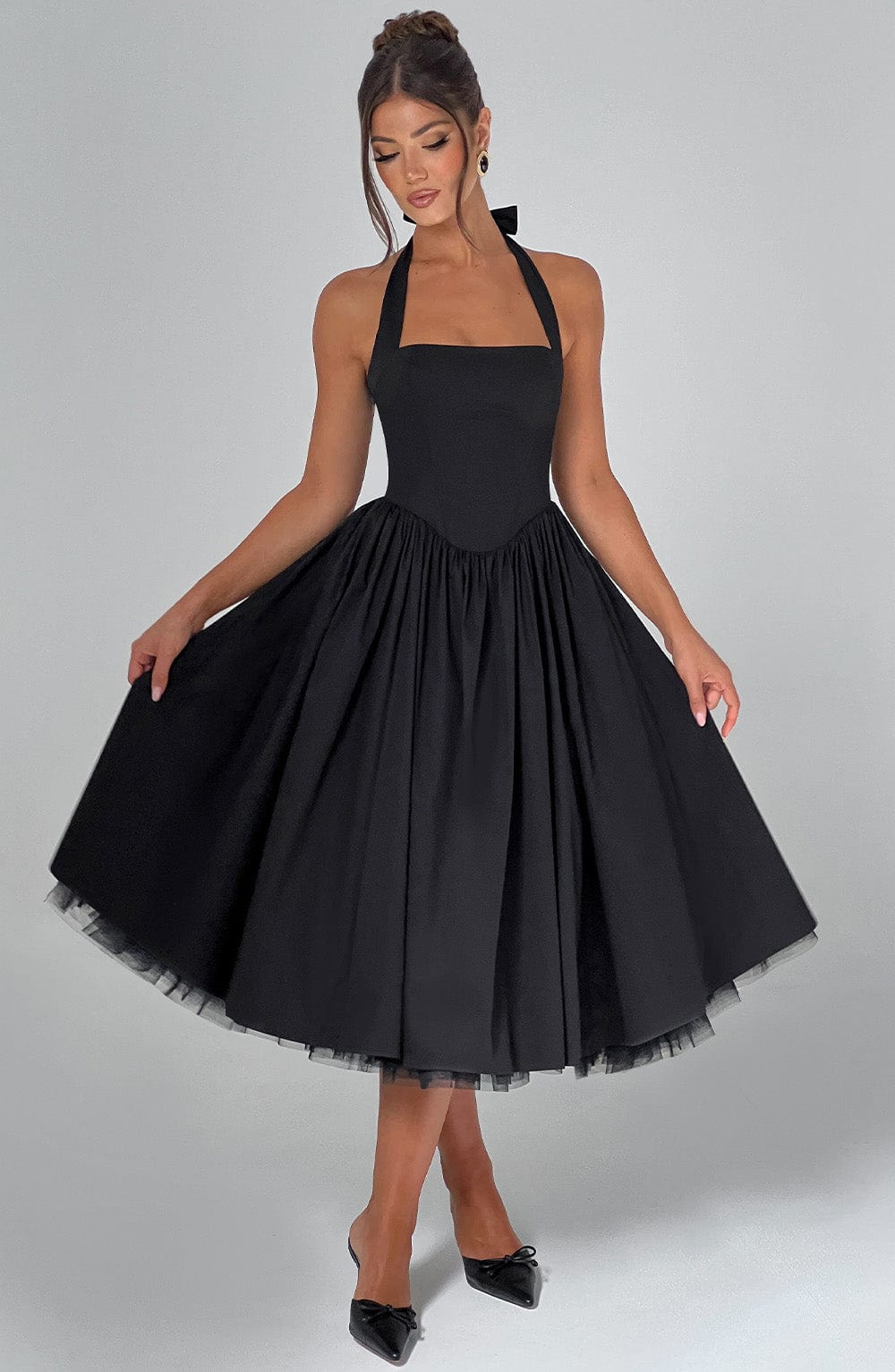 Women's Midi Dress — Halter Neckline Flared Skirt Sleeveless