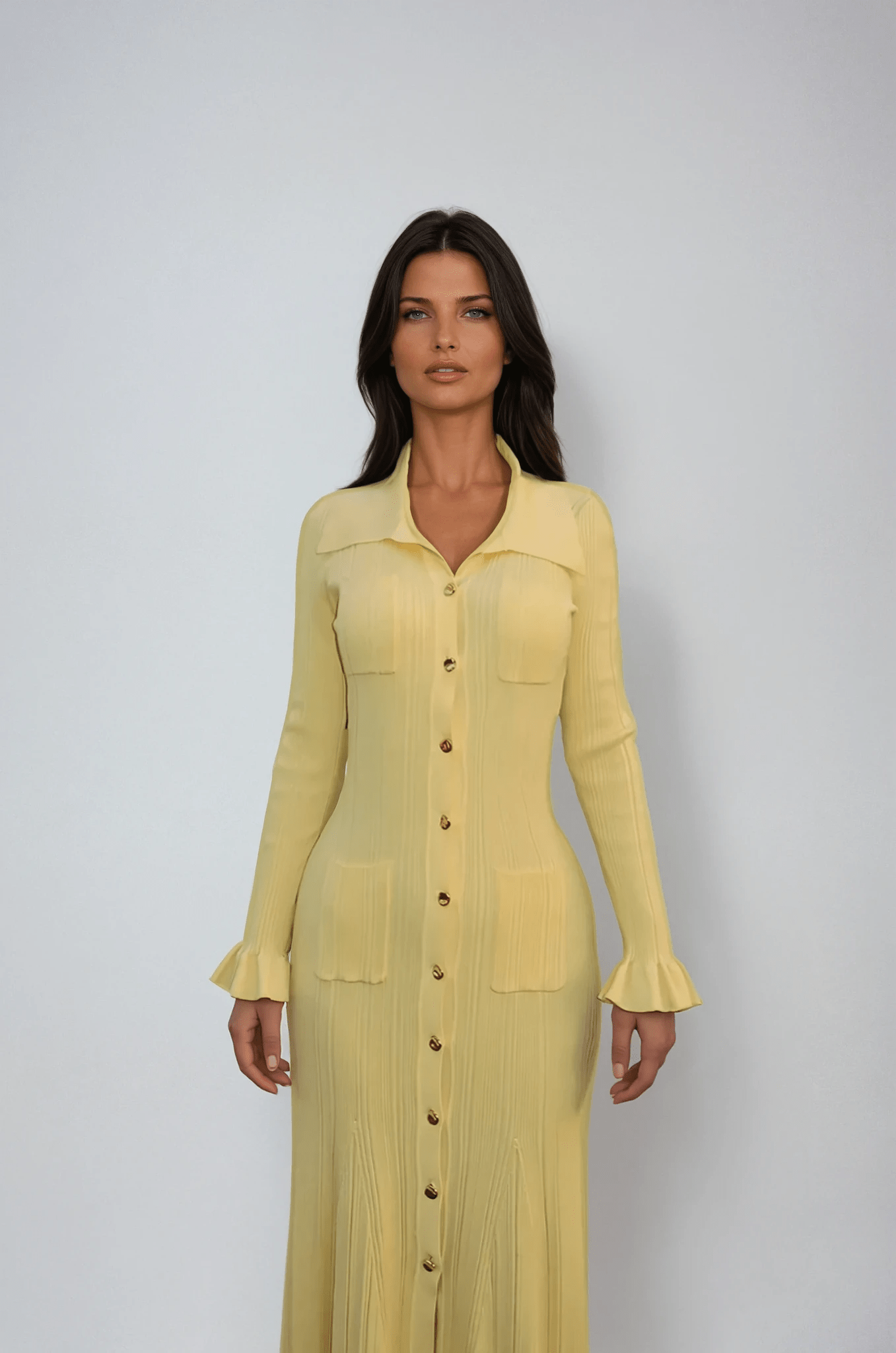 Women's Midi Dress — Knit Collared Short Sleeve Button Front