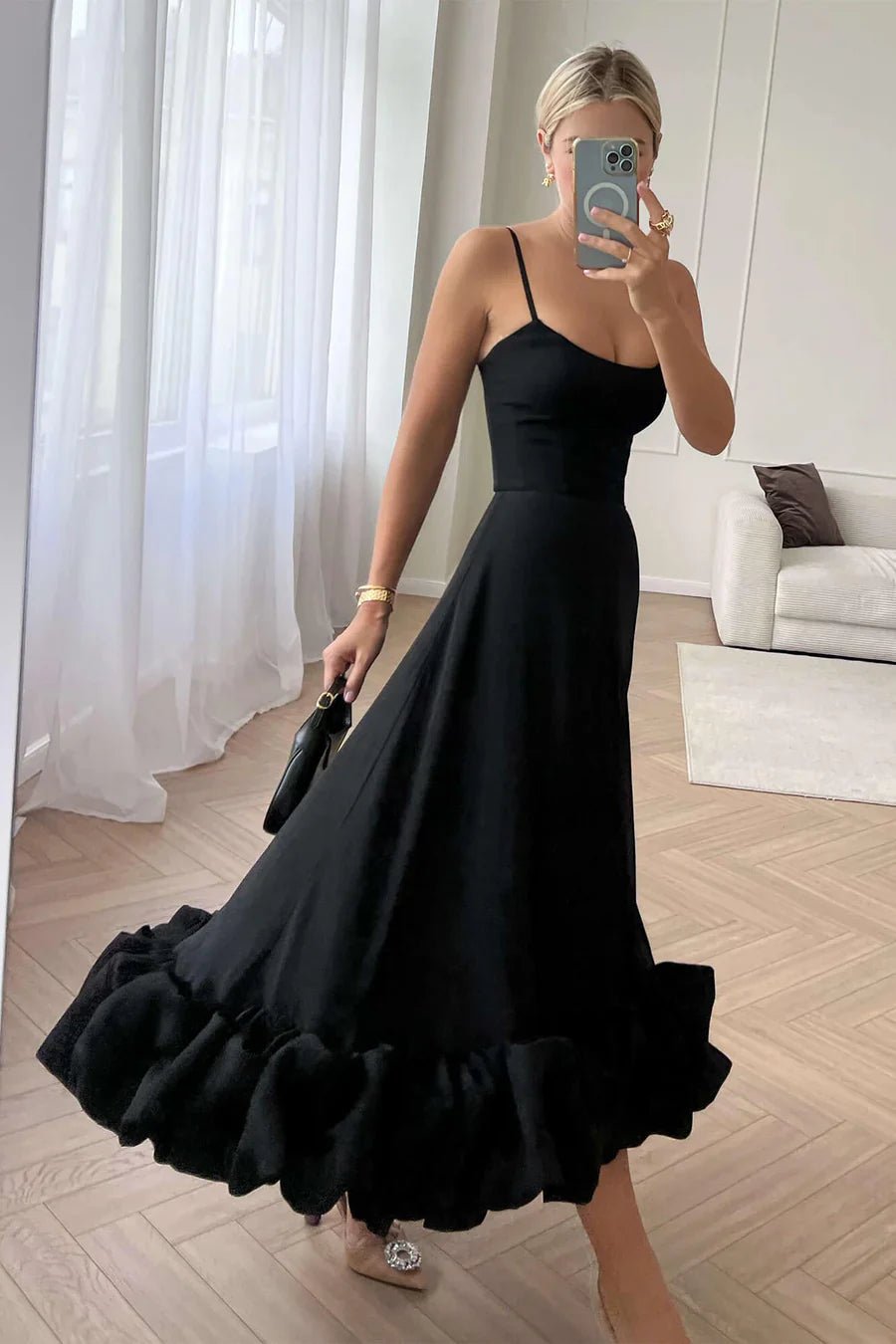 Women's Midi Dress — One Shoulder Ruffle Hem Fitted Design