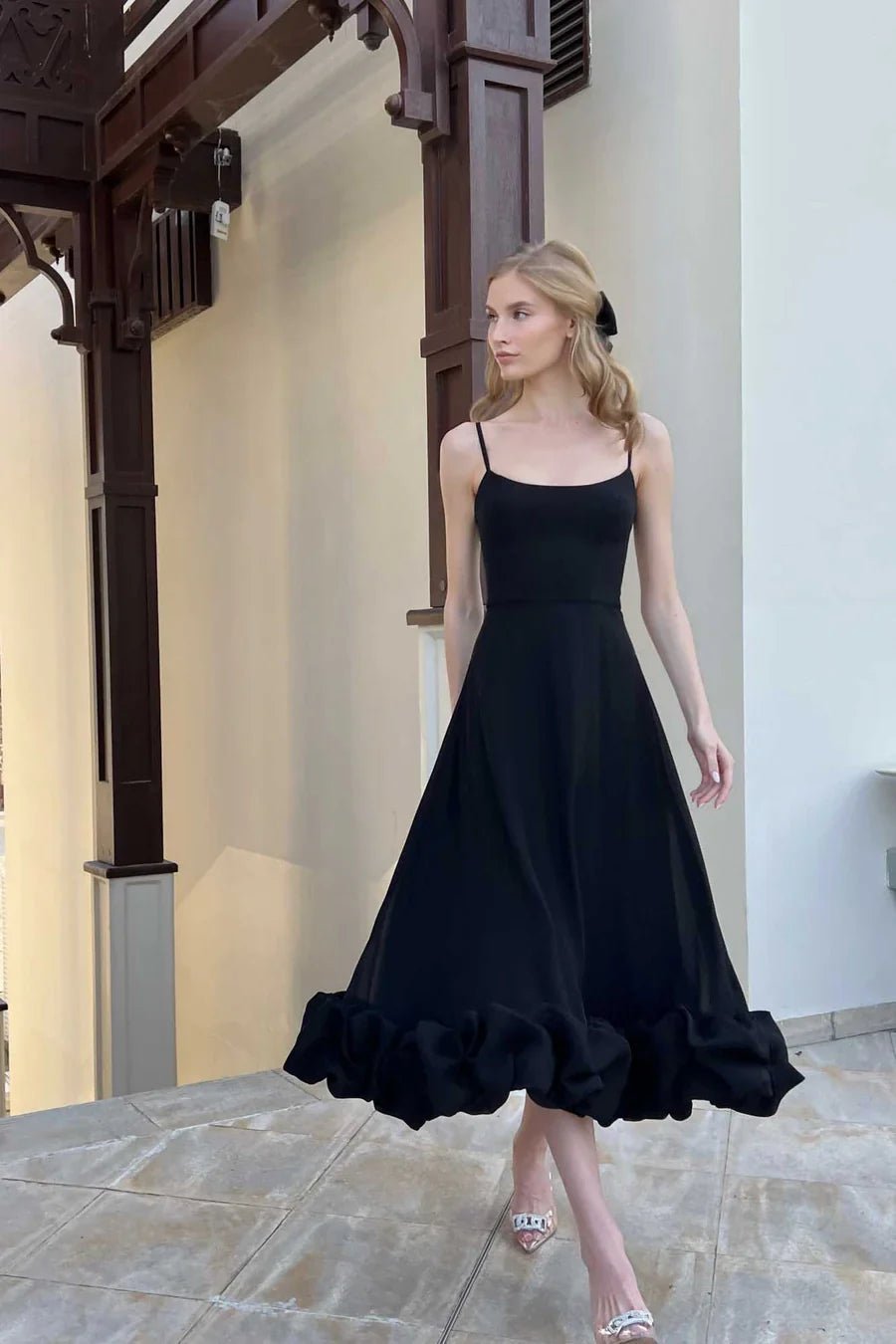 Women's Midi Dress — One Shoulder Ruffle Hem Fitted Design