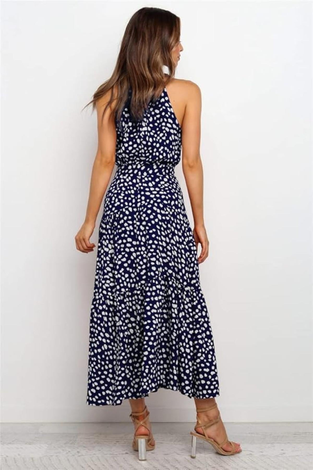 Women's Midi Dress — Polka Dot Halter Neckline Tie Waist Design
