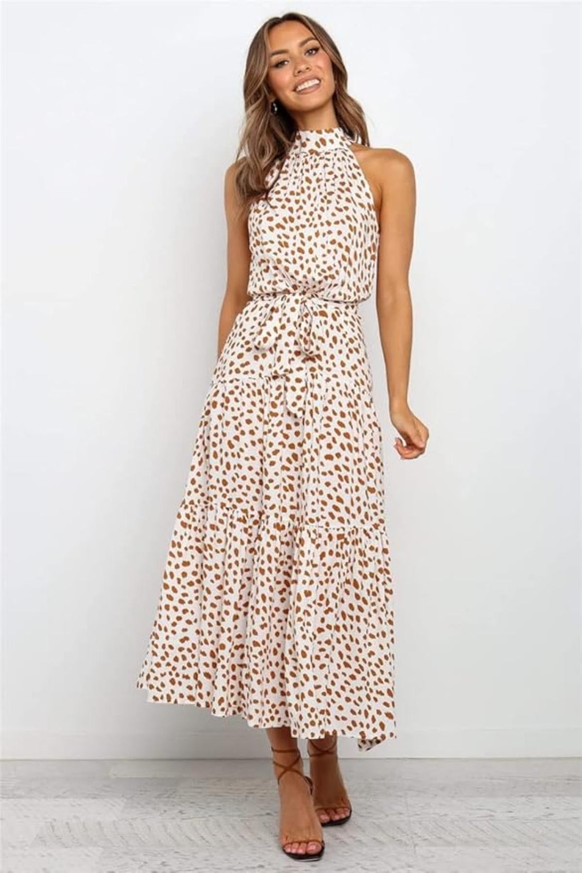 Women's Midi Dress — Polka Dot Halter Neckline Tie Waist Design