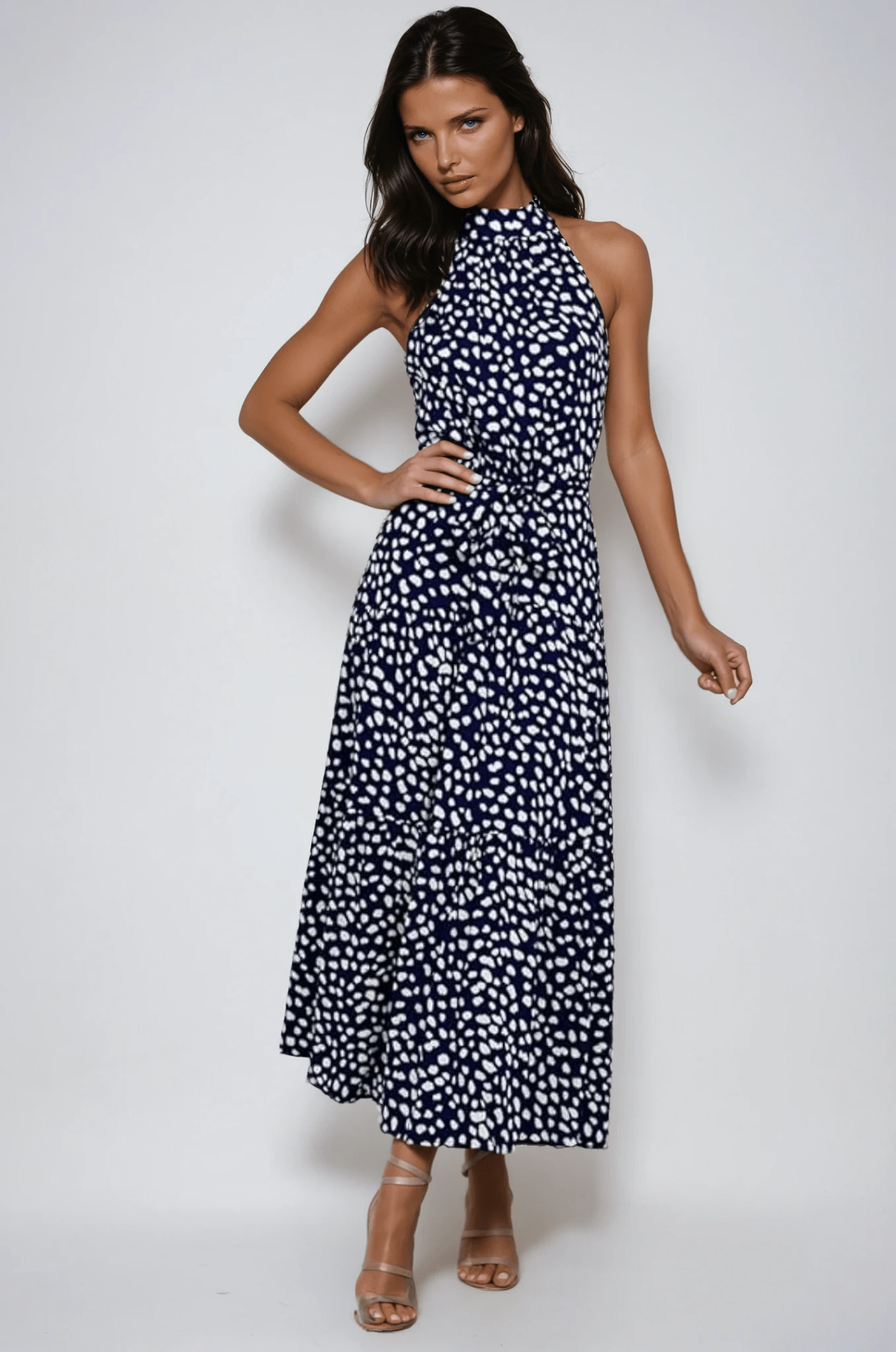 Women's Midi Dress — Polka Dot Halter Neckline Tie Waist Design