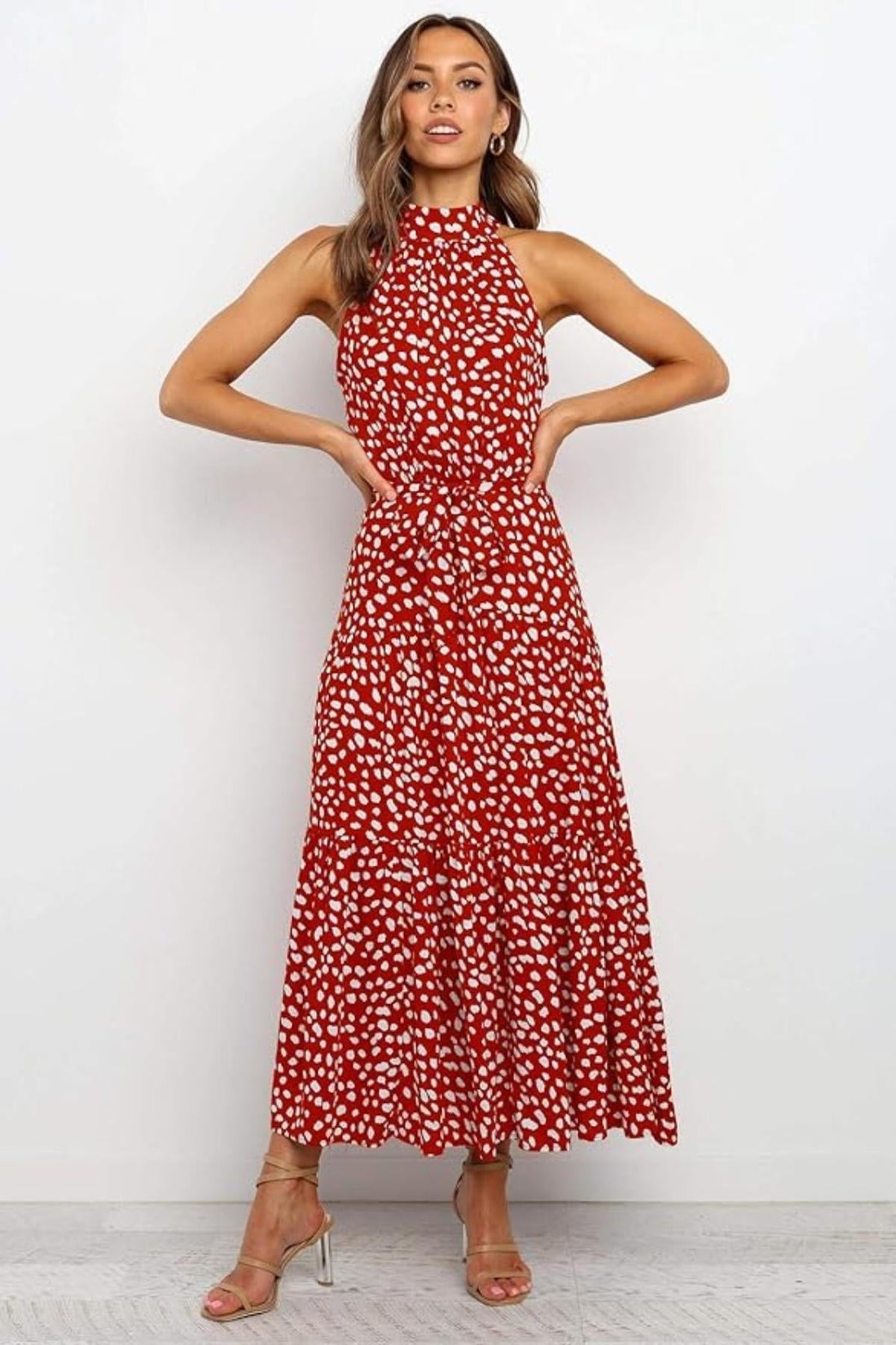 Women's Midi Dress — Polka Dot Halter Neckline Tie Waist Design