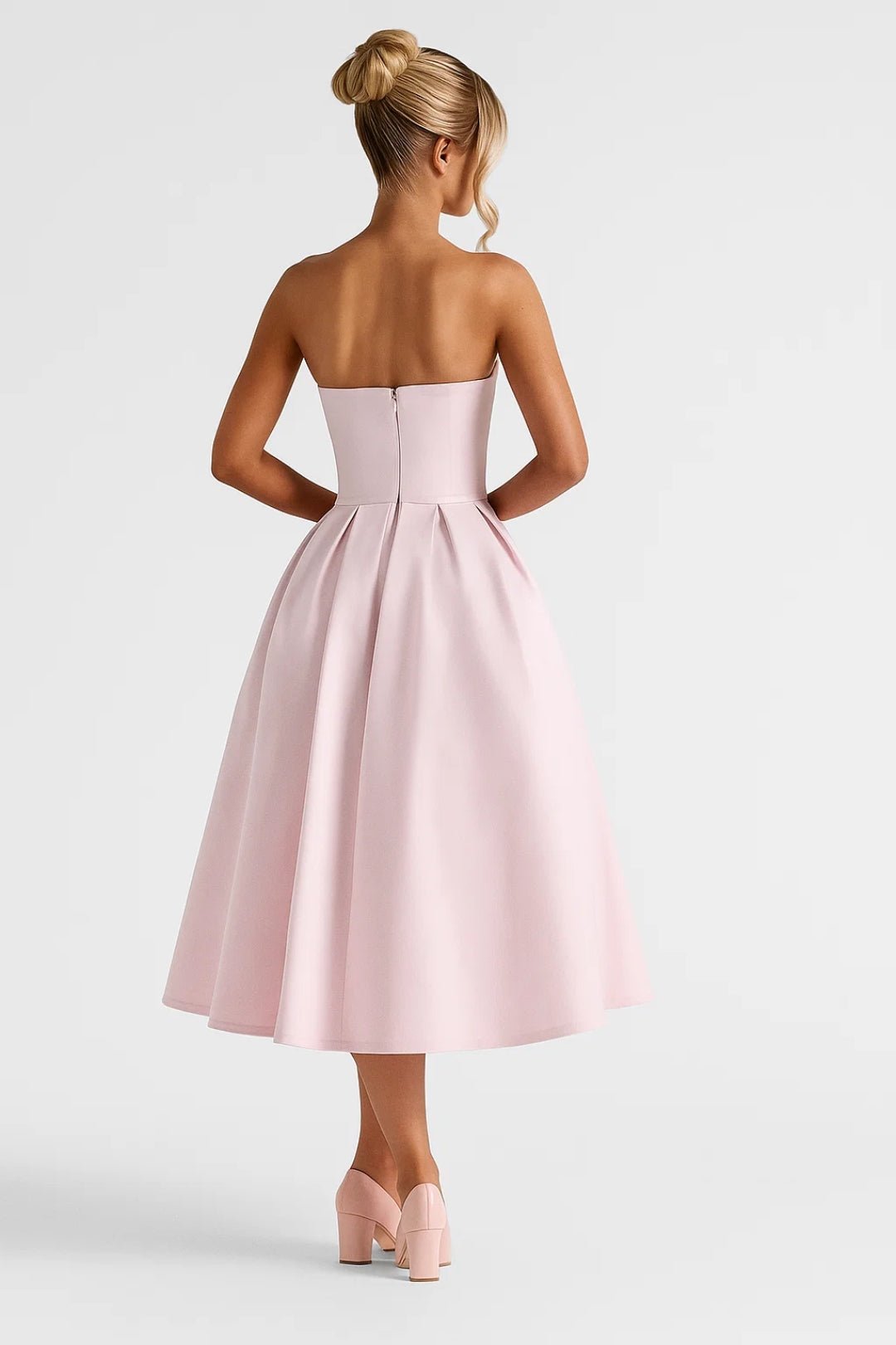 Women's Midi Dress — Strapless Fitted Bodice Flared Skirt Design