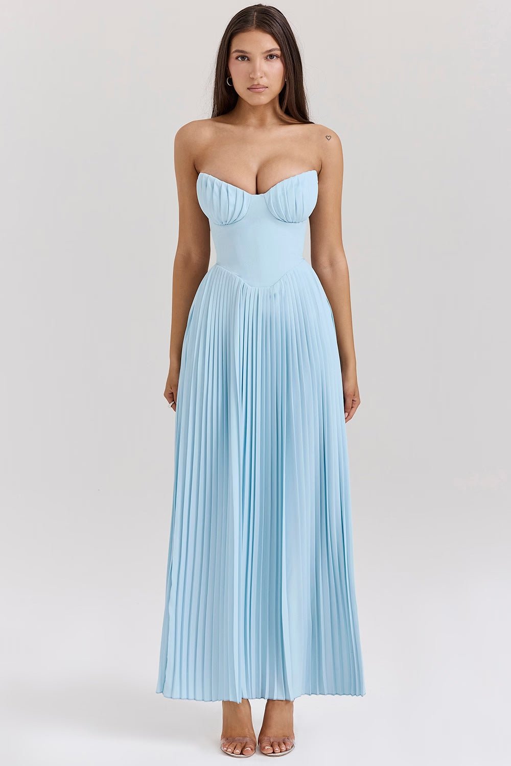 Women's Midi Dress — Strapless Sleeveless Pleated Bodice & Skirt