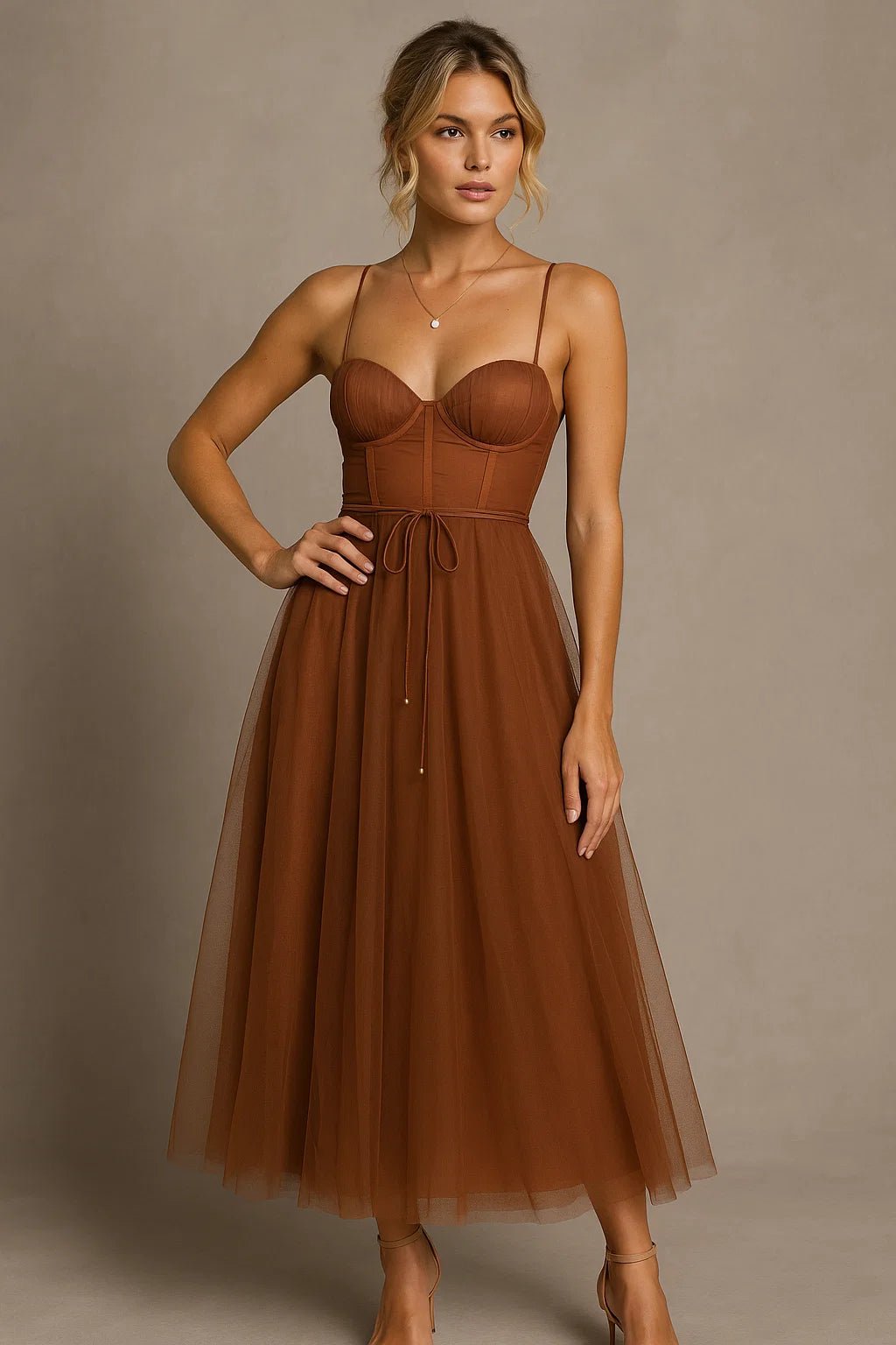 Women's Midi Gown — Corset Fit Spaghetti Strap Ruched Bust
