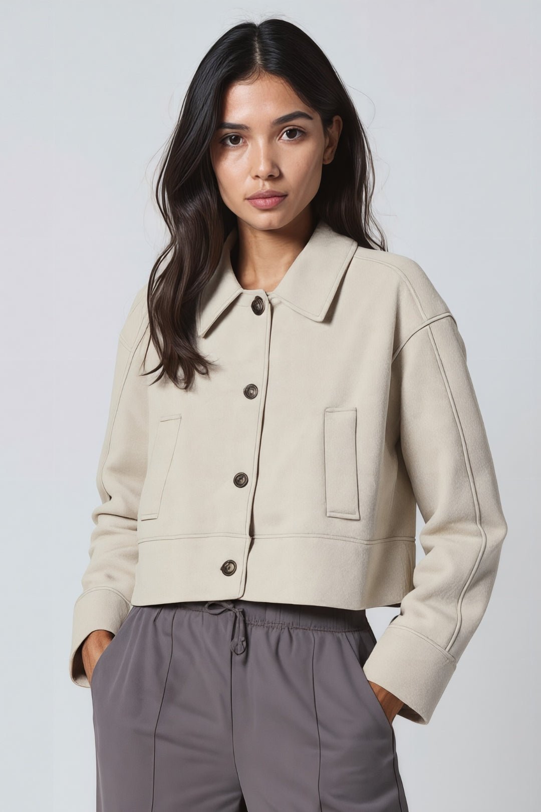 Women's Short Coat — Straight Fit Button Closure Patch Pocket