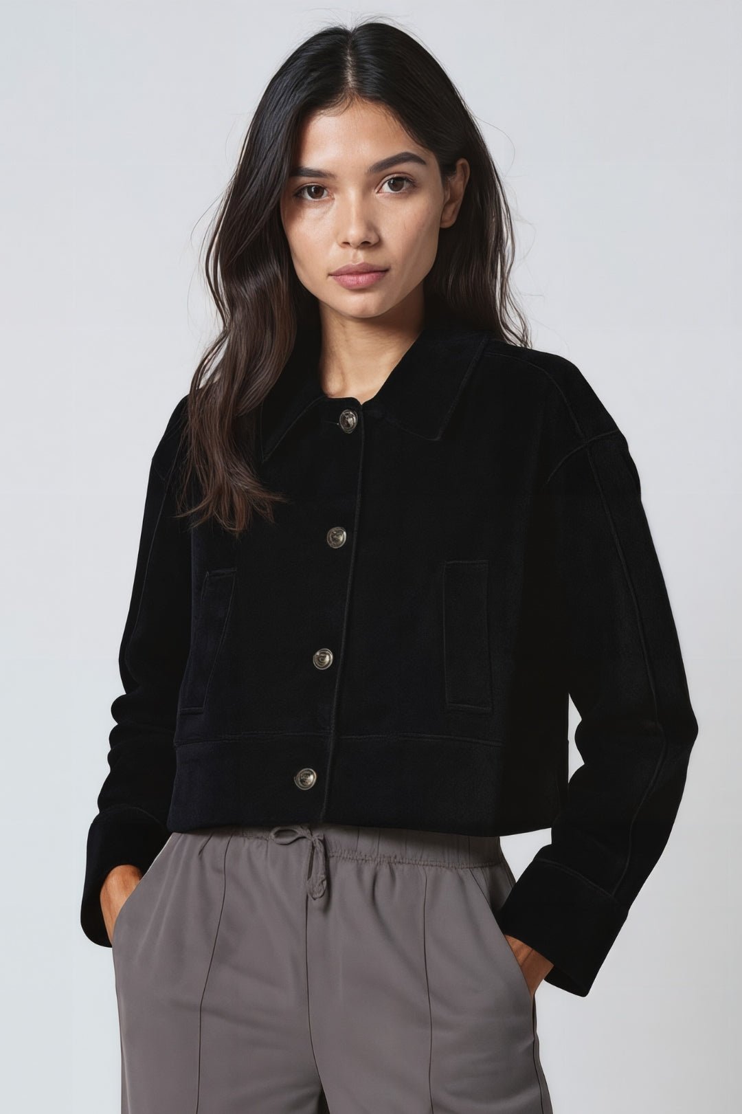 Women's Short Coat — Straight Fit Button Closure Patch Pocket