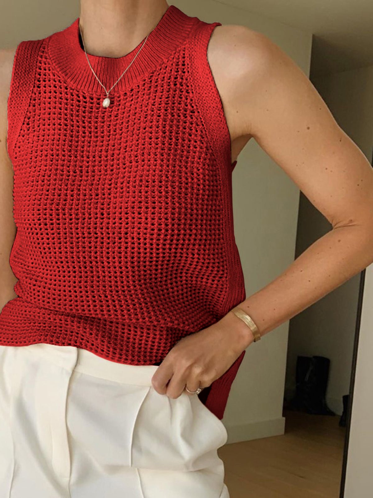 Women's Tank Top — Sleeveless Openwork Ribbed Collar Detail