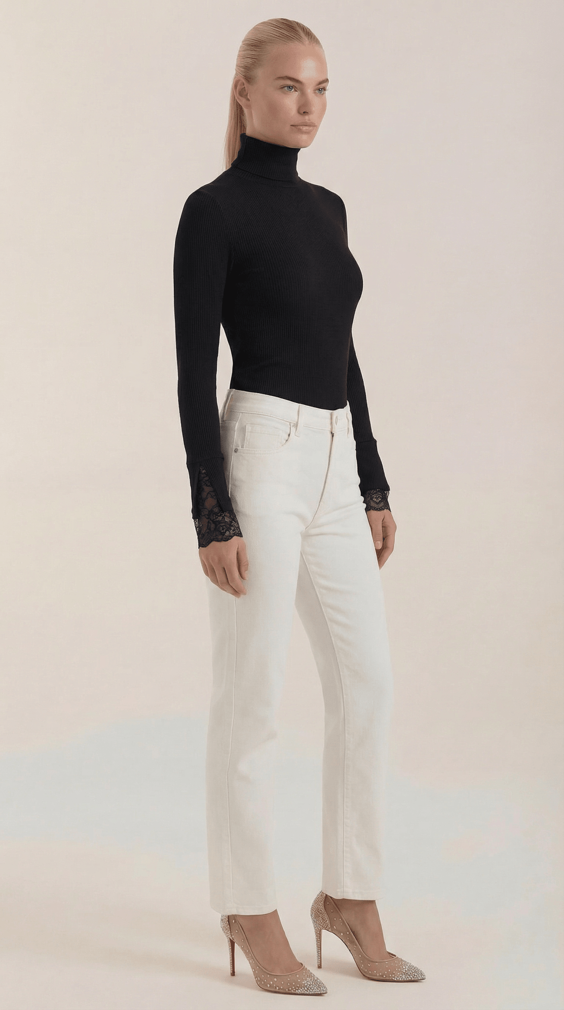 Women's Top — Fitted Roll Neck Long Sleeve Lace Cuffs