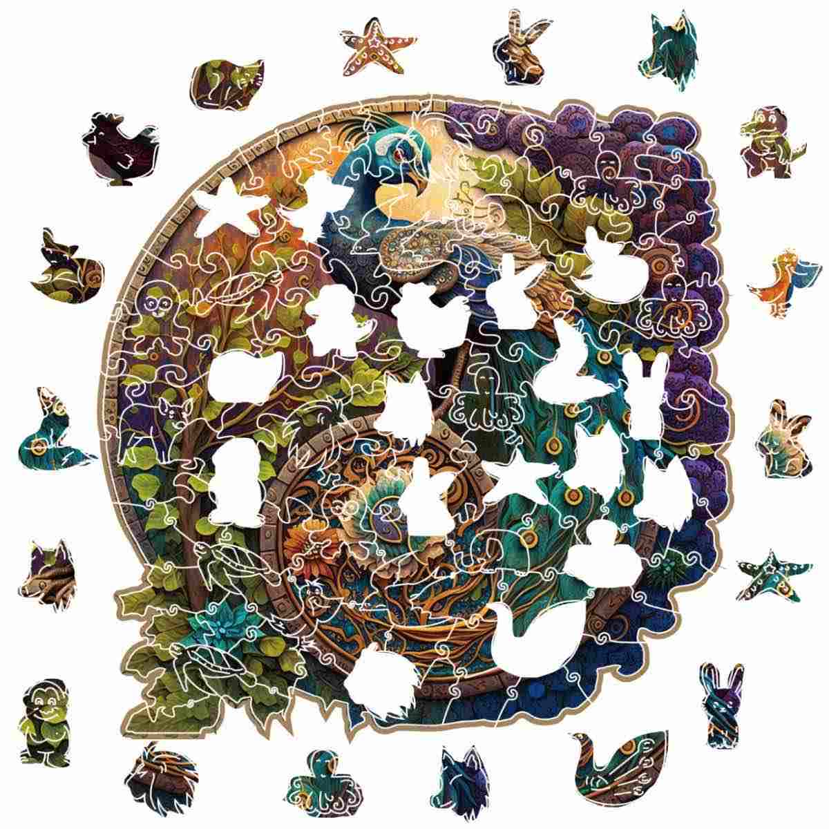 Round wooden peacock puzzle
