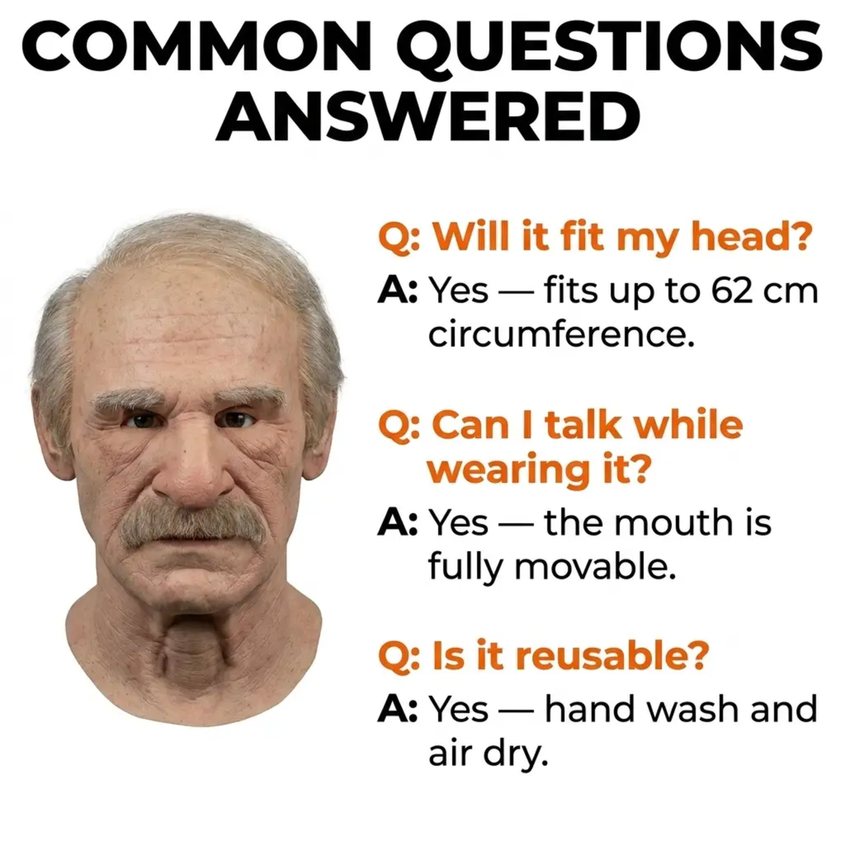 Realistic Creepy Old Man Latex Mask — Seamless Edge Trim, Adult Fit