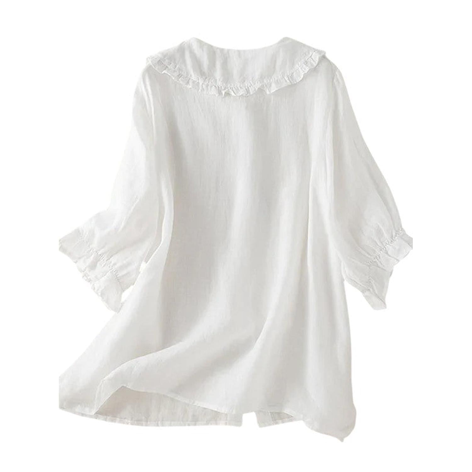 Blouse Women Ruffle Collar Cotton Loose Fit Shirt