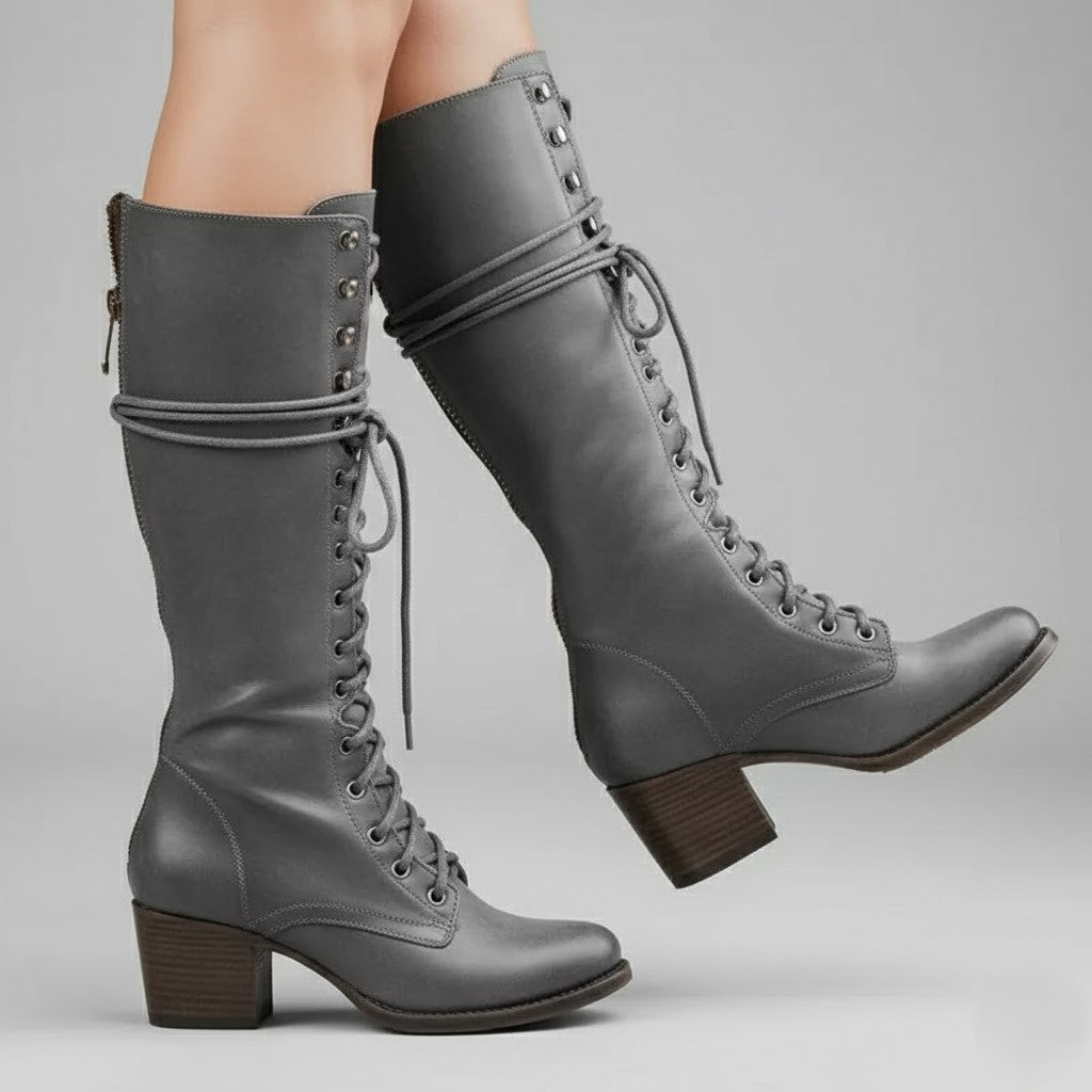 Boots Women Knee High Lace Up Block Heel Length