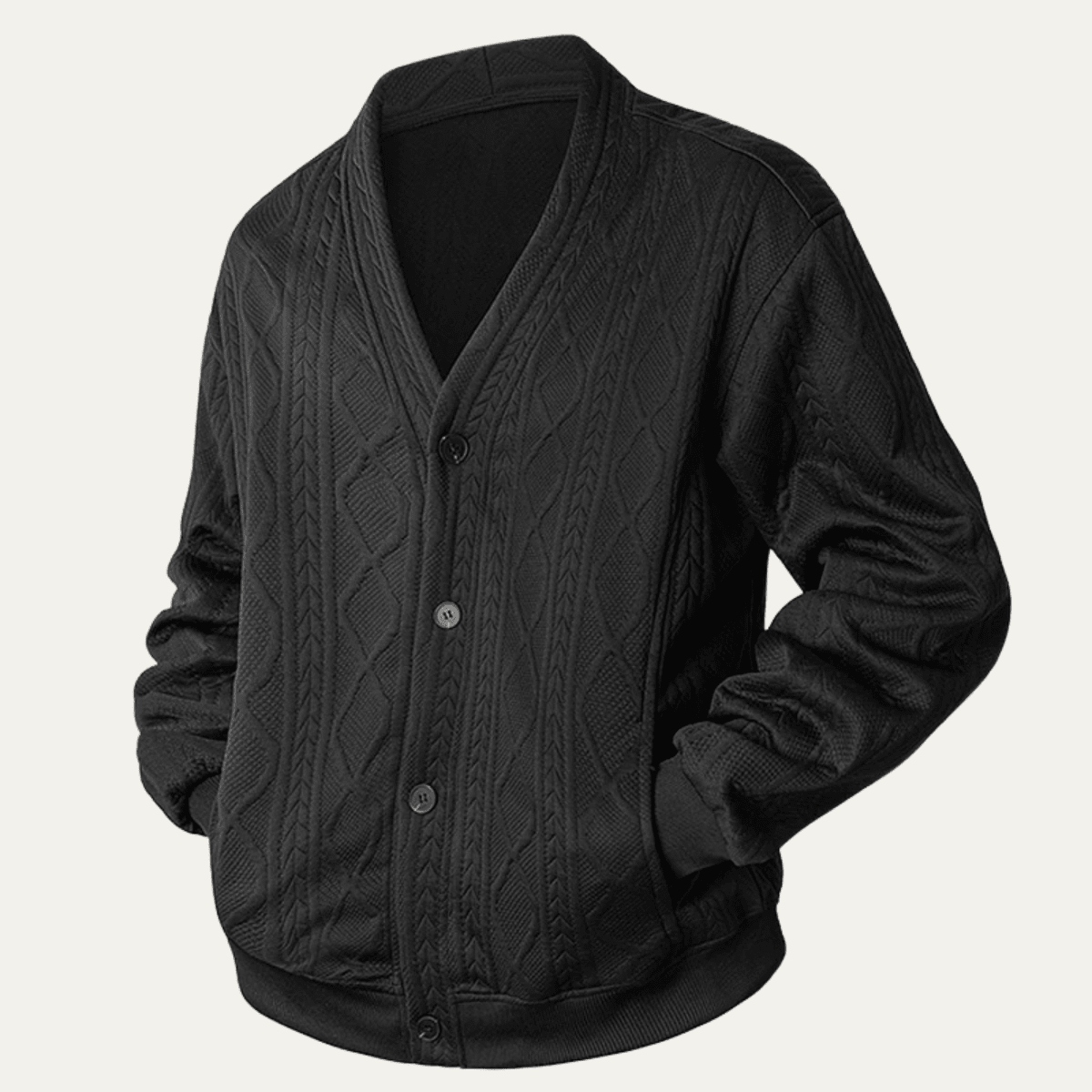 Men's Cardigan — Cable Knit V-Neck Diamond Pattern Button Front