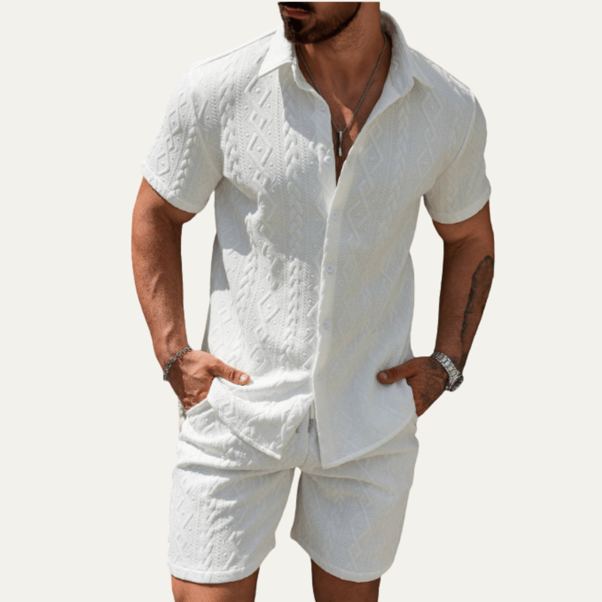 Men's Co-Ord Set — Knitted Shirt Relaxed Fit Matching Shorts