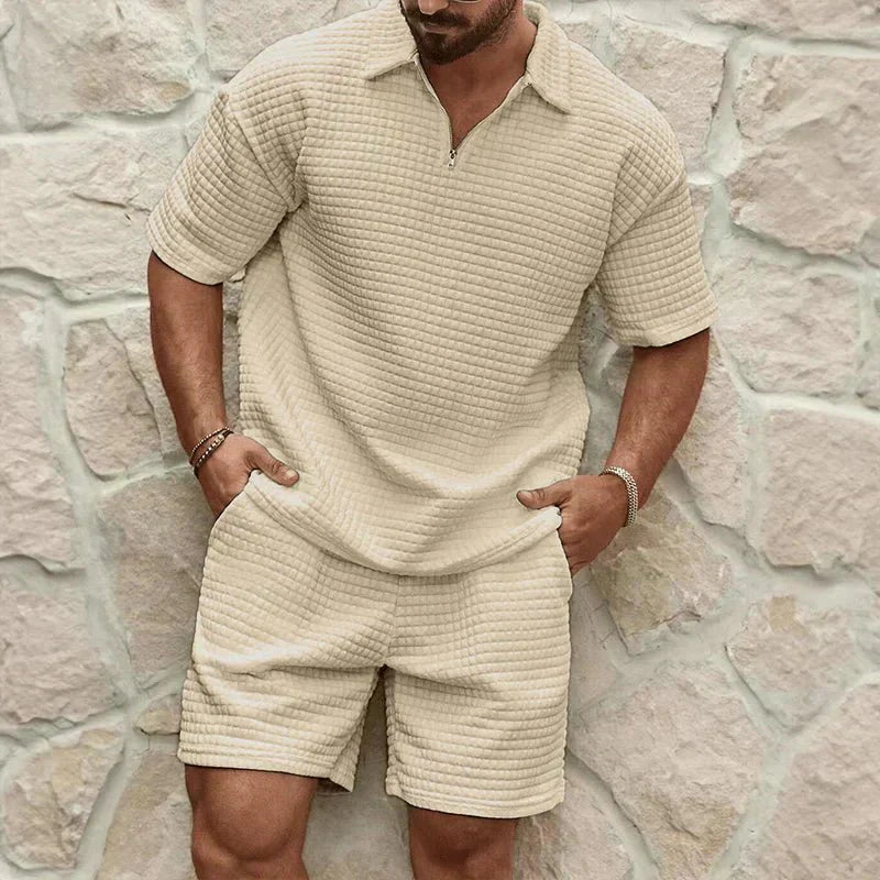 Men's Co-Ord Set — Zip Polo Drawstring Relaxed Fit Shorts
