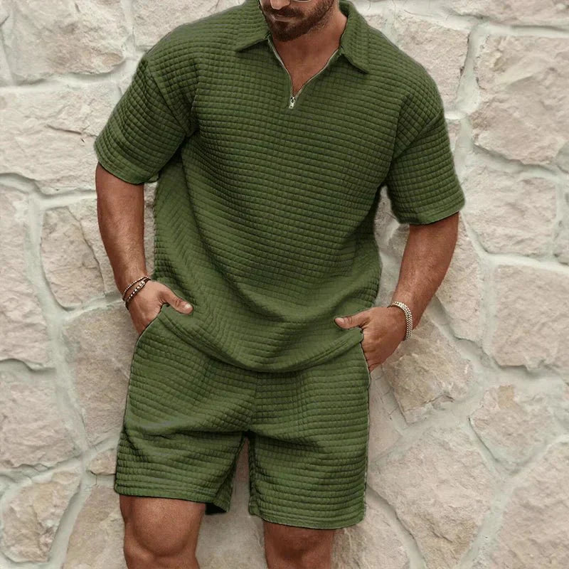 Men's Co-Ord Set — Zip Polo Drawstring Relaxed Fit Shorts