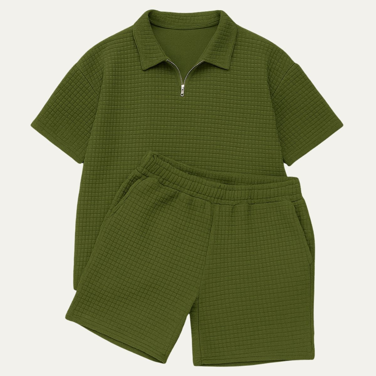 Men's Co-Ord Set — Zip Polo Drawstring Relaxed Fit Shorts