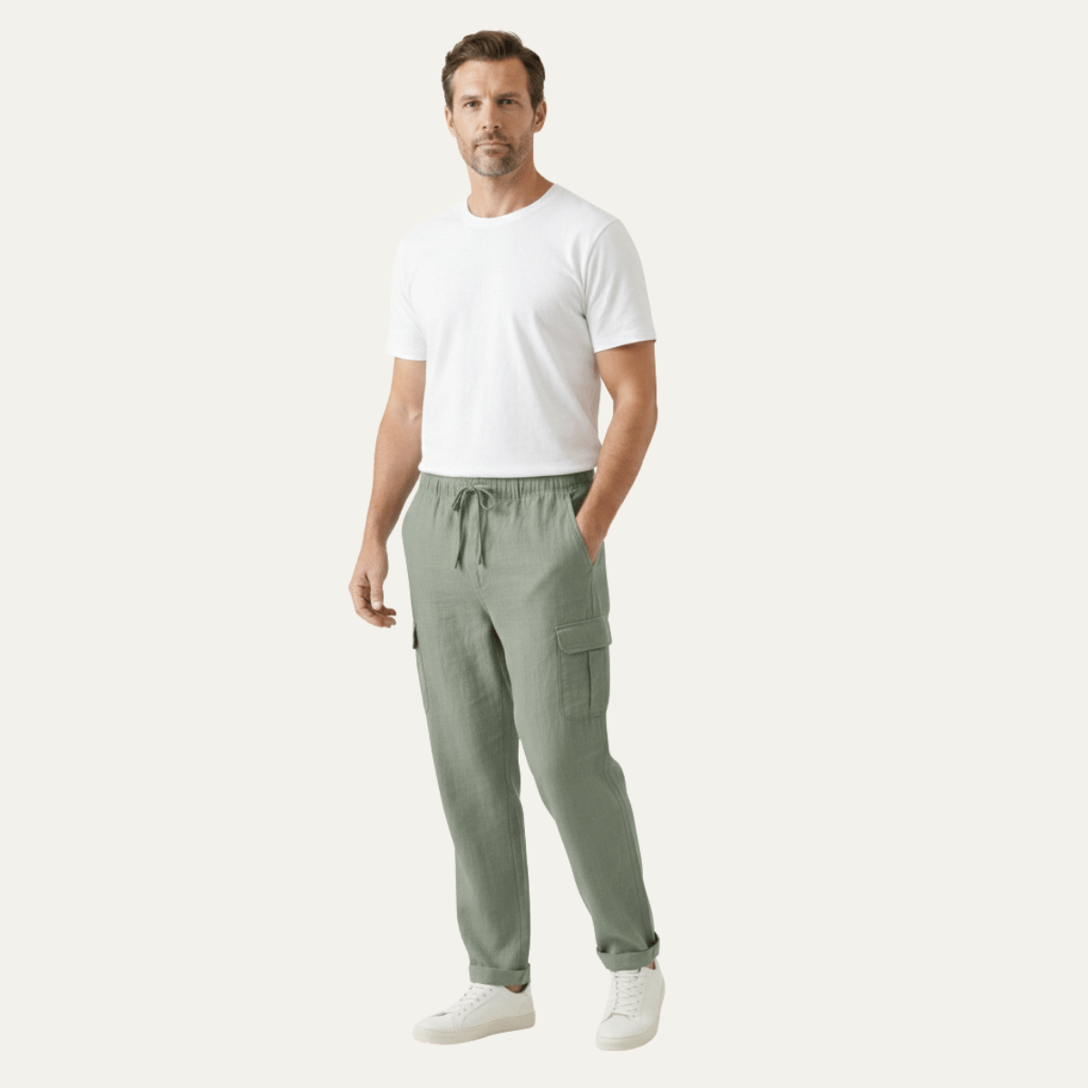 Men's Linen Cargo Trousers - Wide Fit Multi Pocket Design